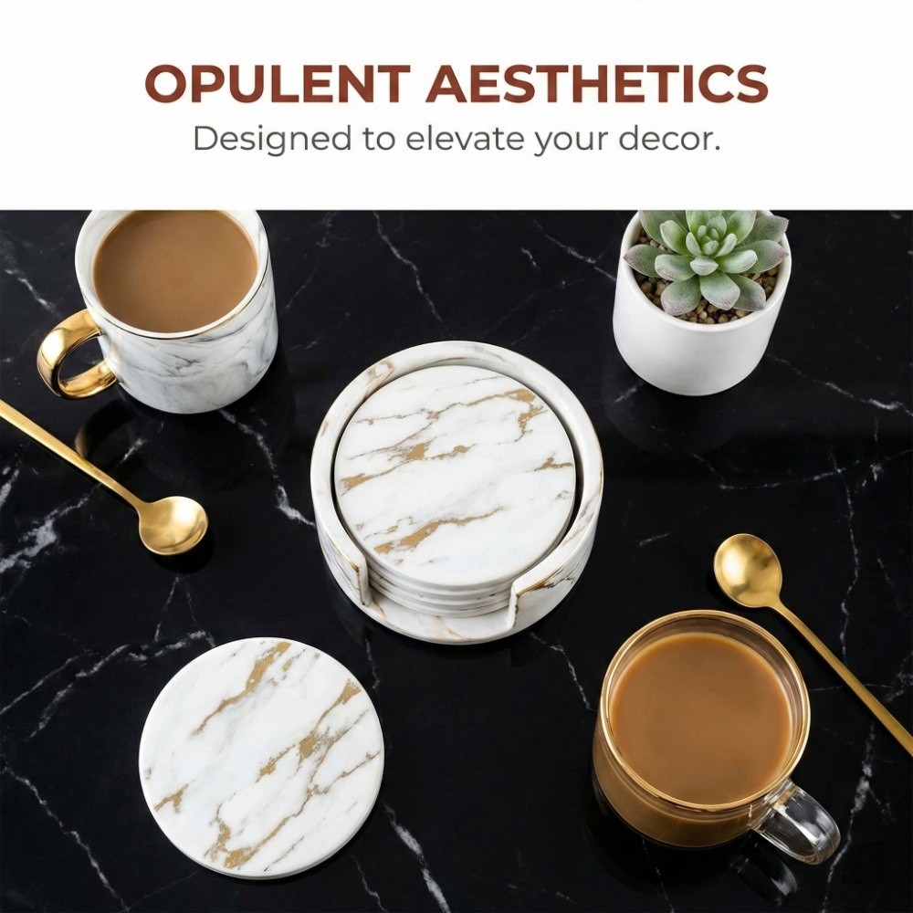7Pcs Coaster Set PU Leather Co - огляд і ціна Marble Coaster Set