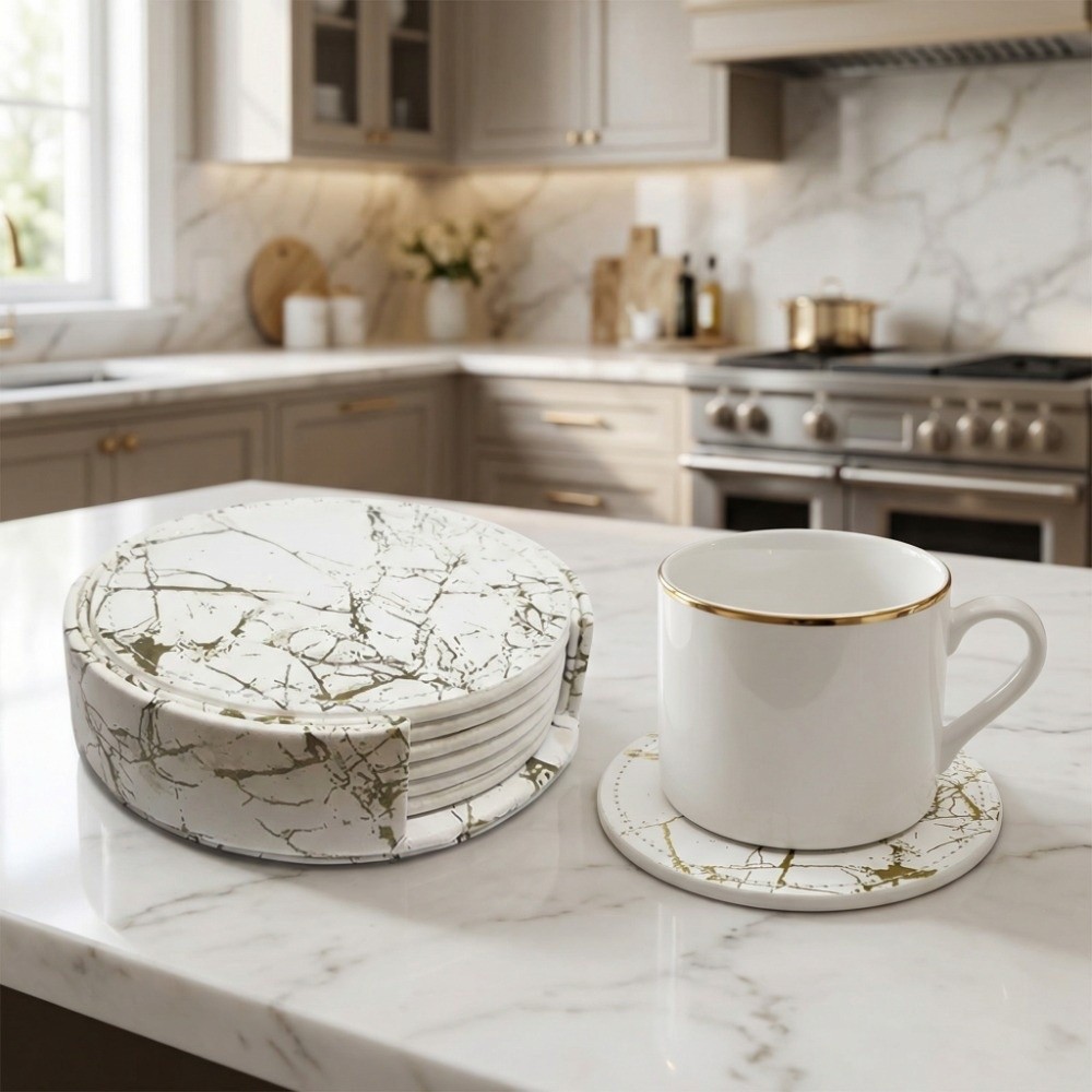 7Pcs Coaster Set PU Leather Co - огляд і ціна Marble Coaster Set